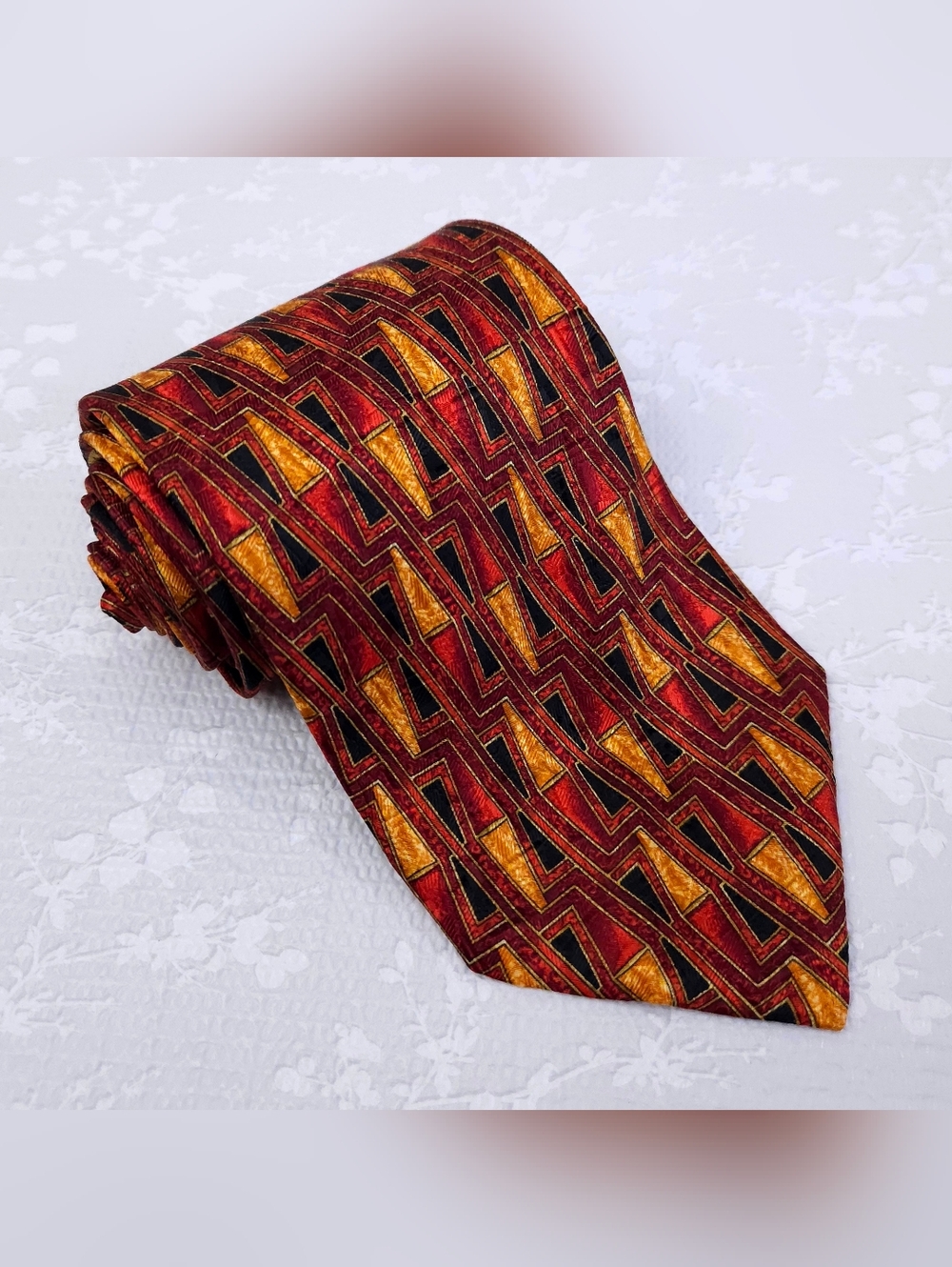 Ermenegildo Zegna Silk Tie Red Gold Black Geometric 59" x 3.75"